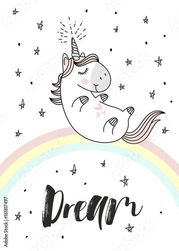 Plakat Magiczna śliczna jednorożec na tęczy, doodle pepiniera sztuka