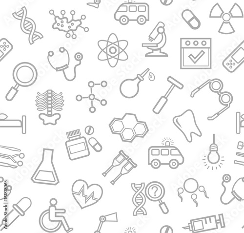 Medicine, white background, seamless, contour icons, vector. Medical services specialization. The profession of doctors. Medical instruments. Gray line drawings on a white field. Vector background.  