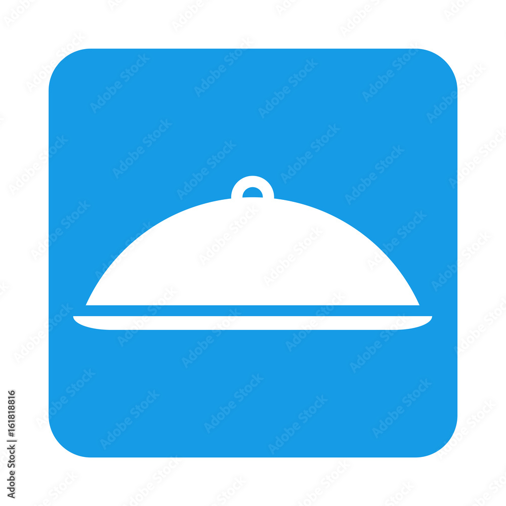 Icono plano bandeja con tapa en cuadrado azul Icono plano bandeja con tapa en cuadrado azul