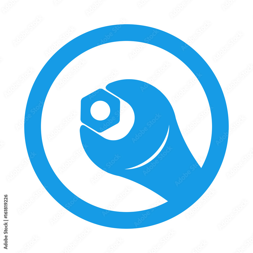 Icono plano llave con tuerca en circulo color azul Icono plano llave con tuerca en circulo color azul
