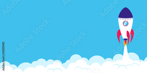 Successful rocket launch. Start up concept. Landscape format simple vector illustration of a skyrocket taking off on blue background photo