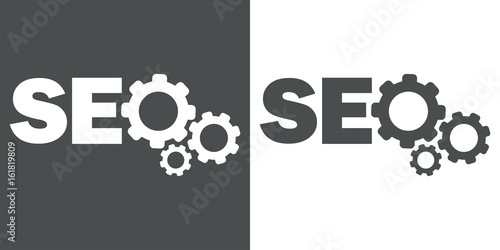 Icono plano texto SEO con engranajes gris y blanco
