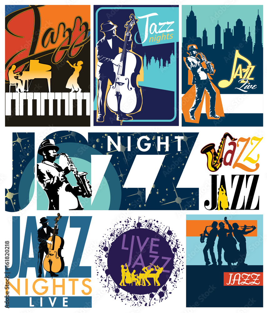 Naklejka premium Editable vector labels of jazz musicians in poster, shirt, sticker, flyer and others