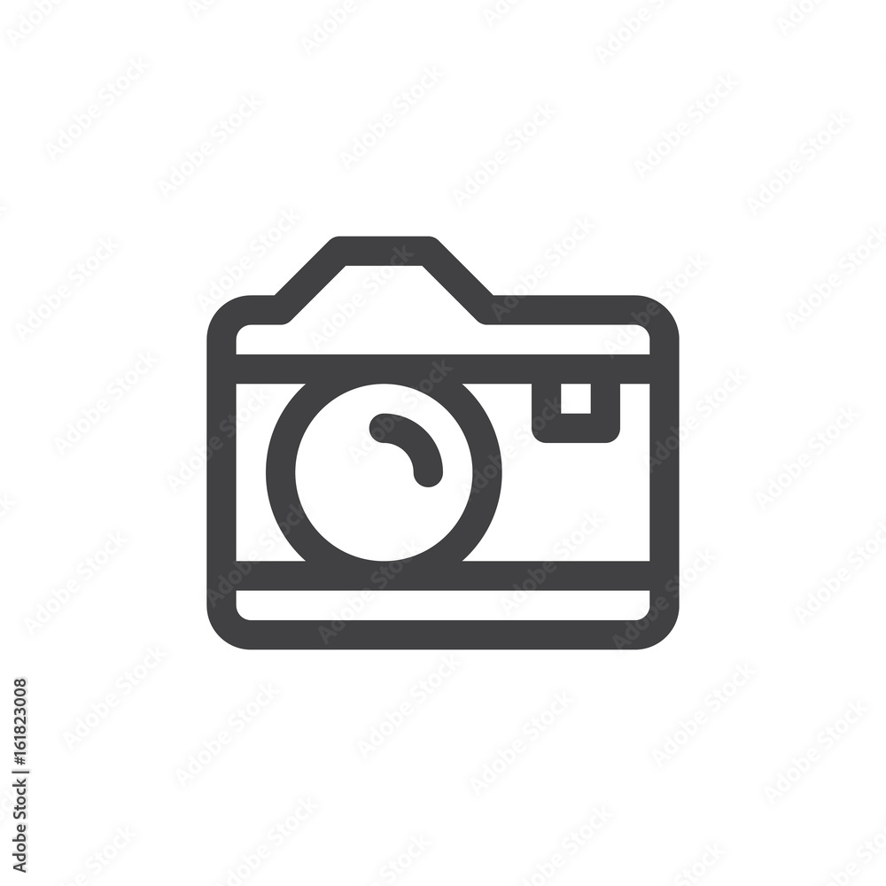 Photo camera line icon, outline vector sign, linear style pictogram isolated on white. Symbol, logo illustration. Thick line design. Pixel perfect graphics Photo camera line icon, outline vector sign, linear style pictogram isolated on white. Symbol, logo illustration. Thick line design. Pixel perfect graphics