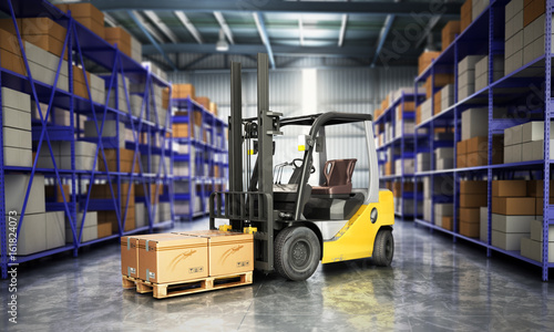 Concept of warehouse The forklift in the big warehouse delivery background 3d illustration