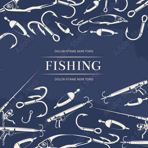 Fishing poster with hook, fishing rod