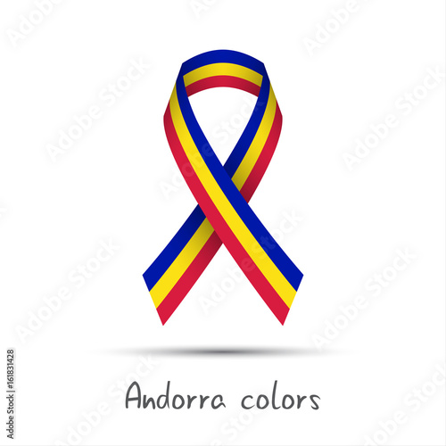 Modern colored vector ribbon, Andorra tricolor isolated on white background, flag of Andorra, Made in Andorra logo