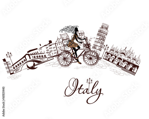 Fashion girl rides a bicycle, decorated with a musical stave and butterflies, the streets of Italy.