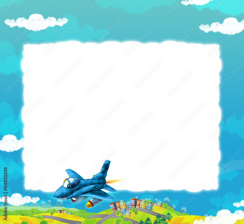 cartoon jet fighter flying over some city / frame for different usage Stock  Illustration | Adobe Stock