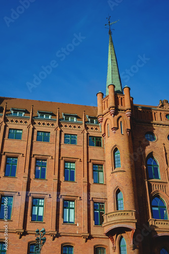 The town's red town hall was built in the 15th century in Szczecin, Poland