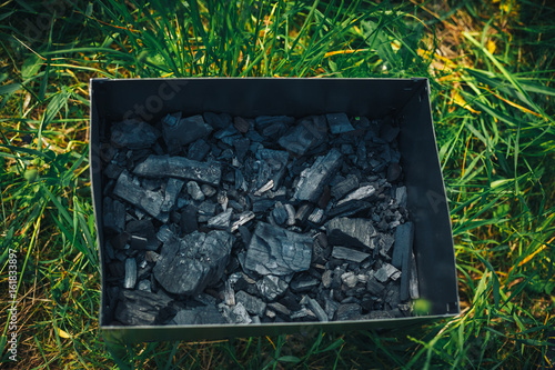 Charcoal under a barbecue grid