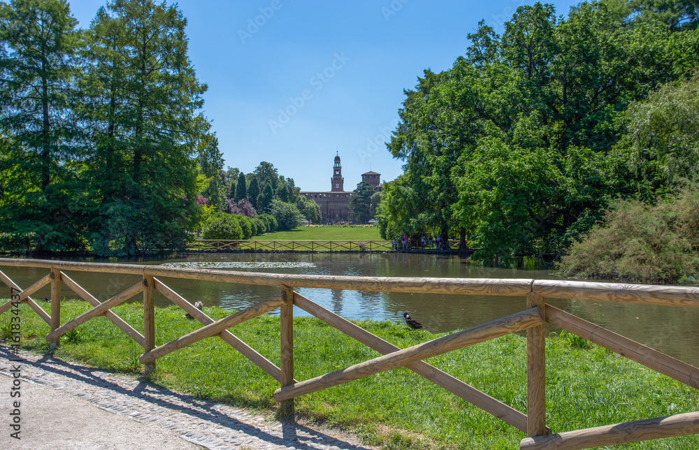 Castello Sforzesco seen from Sempione Park in Milan, Italy.