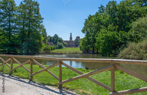 Castello Sforzesco seen from Sempione Park in Milan, Italy.