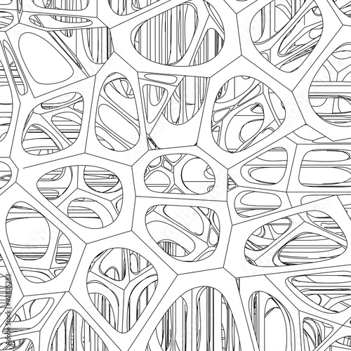 Abstract geometric black and white ornament generated by isometric random organic cells
