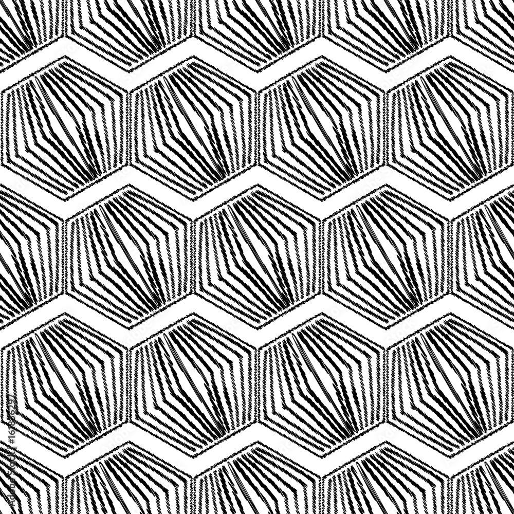 Seamless vector black and white background of hand drawn hexagons. Lines textures of pen. Textile rapport.
