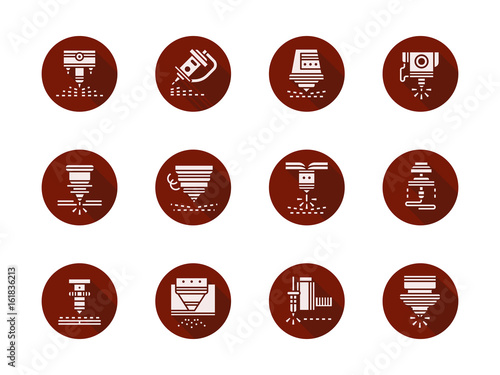Laser machine heads round red vector icons set