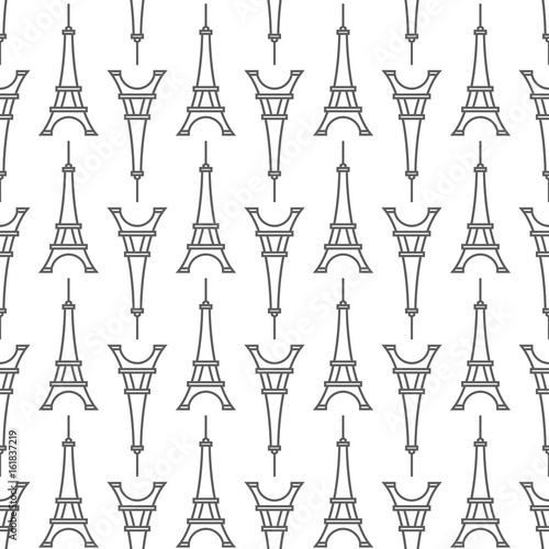 The Eiffel Tower seamless pattern. Tileable vector background, gray and white contour illustration. Suitable for print on souvenirs and gifts