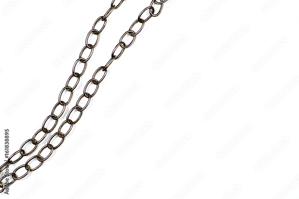 Metal chain of a pendant on white background.