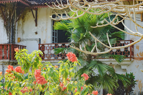 Old balcony of Menezes Braganza Pereira House - old colonial Villa-Museum of Portuguese era with beautiful paintings, furniture items and other decoration stuff of 16-18 century.