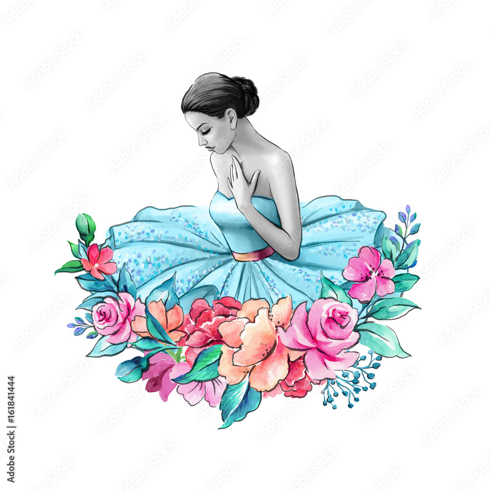 watercolor illustration, ballerina portrait isolated on white