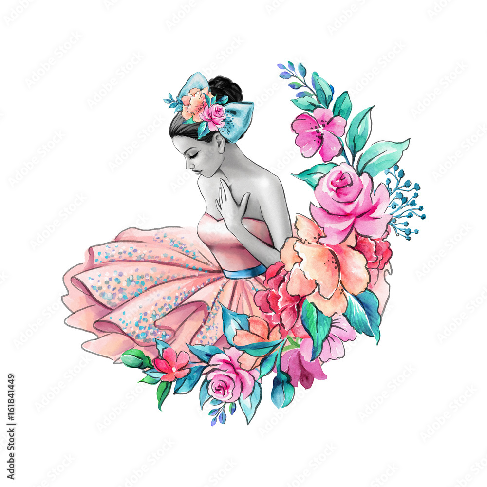 watercolor illustration, flower girl, floral wedding, young lady portrait, pink dress, ballerina isolated on white background