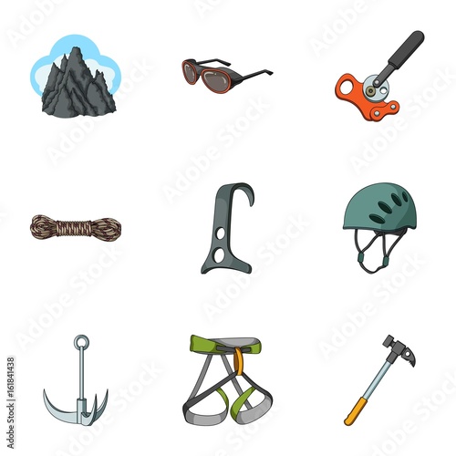 Ice ax, conquered top, mountains in the clouds and other equipment for mountaineering.Mountaineering set collection icons in cartoon style vector symbol stock illustration web.