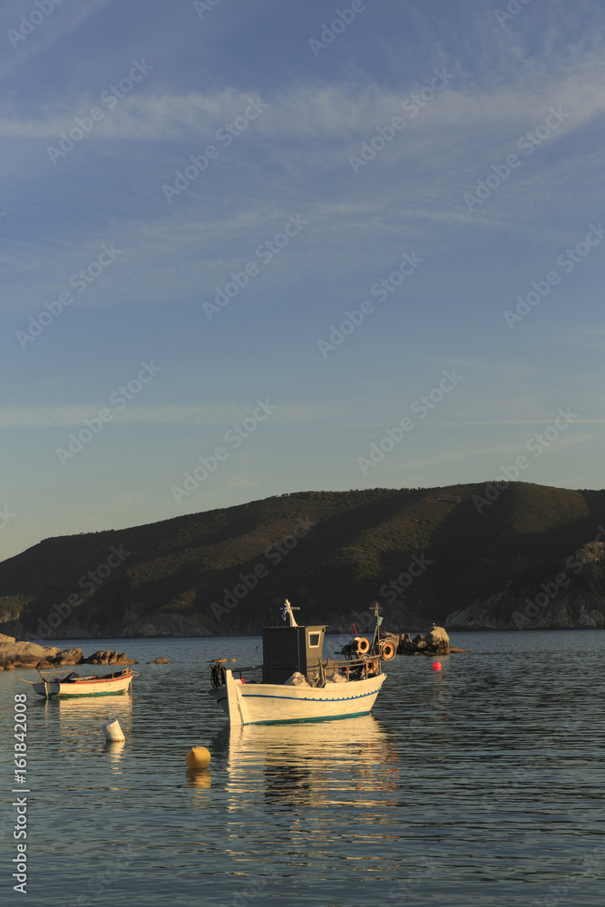 Traditional Greek fishing boats in the natural bay, Colorful boats in Aegean sea, Photo of beautiful blue sea with floating boats and nature