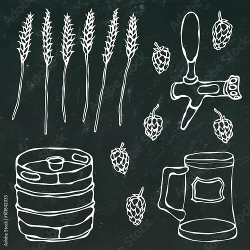 Set of Beer Objects: Hop, Malt, Mug, Tap, Keg. Isolated on a Black Chalkboard Background. Realistic Doodle Cartoon Style Hand Drawn Sketch Vector Illustration.