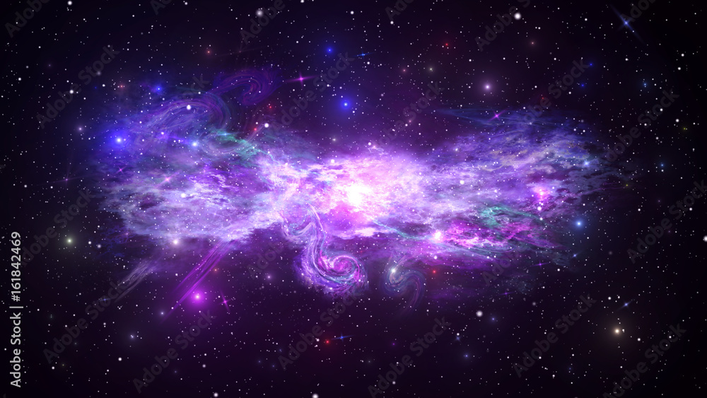 Universe with Galaxy, Stars and Colorful Nebula on Dark Starry Background 3D illustration