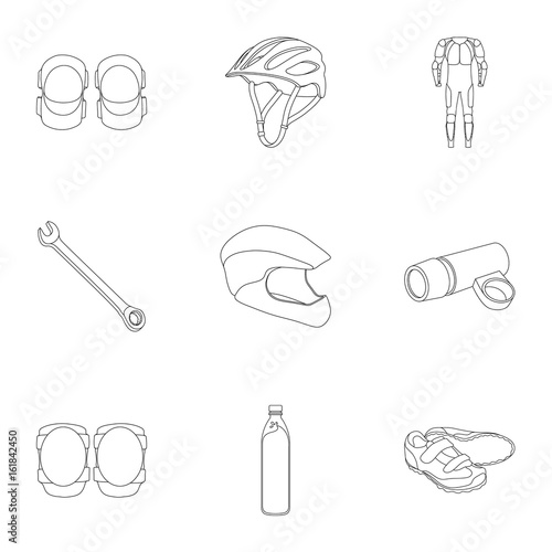 Icons of Cycling, bike. Set for bike, backpack protection, repair, form. Cyclist outfit icon in set collection on outline style vector symbol stock illustration.