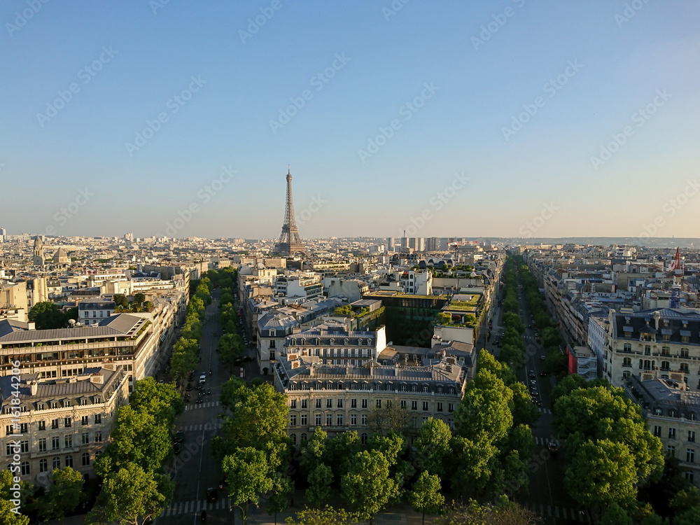 Panoramic views of Paris in a sunny day with Eiffel Tower, France