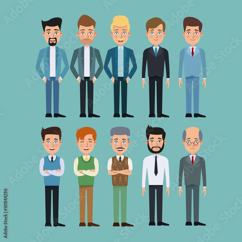 color background full body set of multiple men characters for business