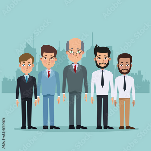 color city landscape silhouette background full body set of multiple men characters for business