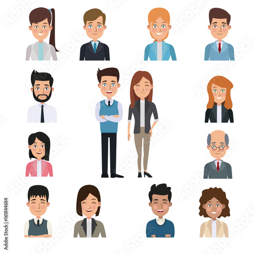 white background in center full body pair executive with half body people business around