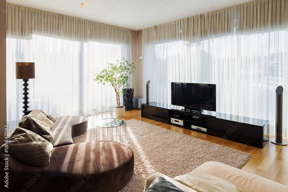 View of modern living room with sofa and tv set. Stylish interior of ...