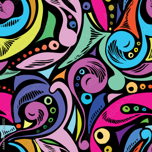 Seamless abstract pattern. Colorful seamless pattern from hand-drawn objects. Seamless pattern from doodles. Use as a background for packaging, postcards, wallpaper, prints on fabric, etc.