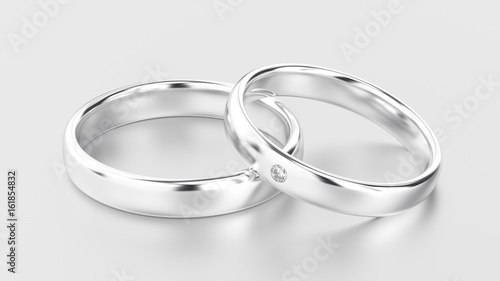 3D illustration classic white gold or silver rings with diamond