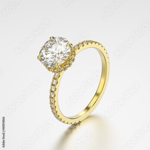 3D illustration yellow gold ring with diamonds with reflection