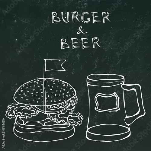 Big Hamburger or Cheeseburger and Beer Mug or Pint. Burger Lettering. Isolated on a Black Chalkboard Background. Realistic Doodle Cartoon Style Hand Drawn Sketch Vector Illustration.