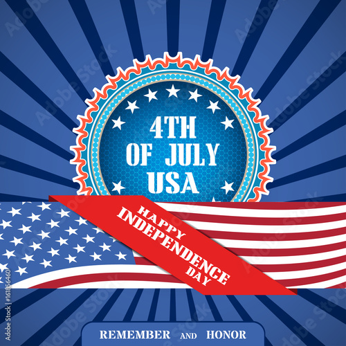 Vector poster for happy celebration of Independence Day with blue badge with hexagon mesh, stripe with american flag on the dark blue background with rays.