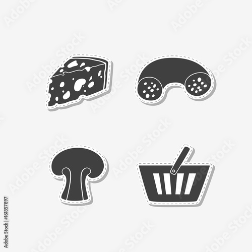 Set of hand drawn stickers with shopping cart, cheese, salami and mushroom. Templates for design or brand identity