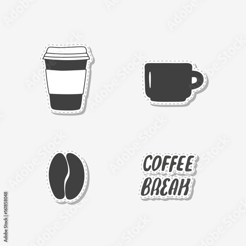 Set of hand drawn stickers with coffee bean, mug, paper cup and sign. Templates for design or brand identity