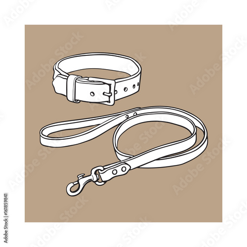 Simple pet, cat, dog buckle collar and leash made of thick brown leather, black and white sketch style vector illustration isolated on brown background.