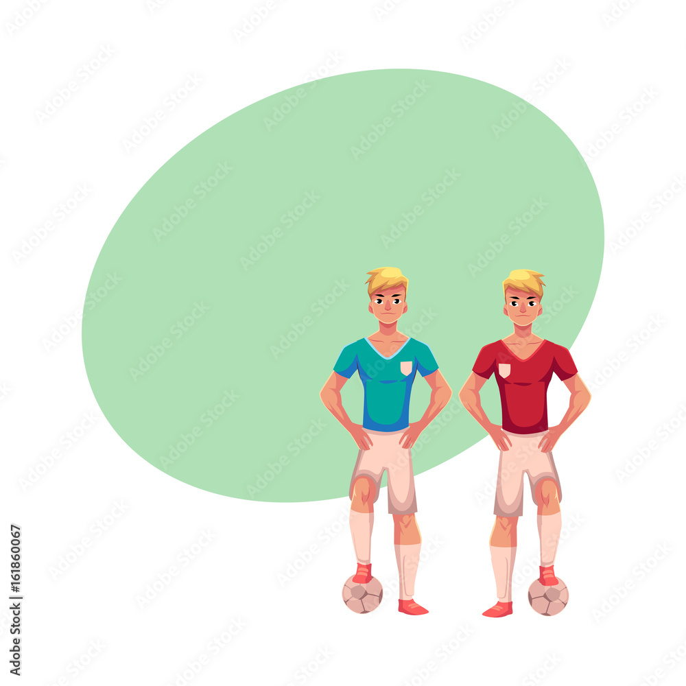 Handsome blond soccer player standing with football ball, cartoon vector illustration with space for text. Full length portrait of professional soccer player standing with football ball