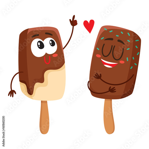 Two funny ice cream popsicle characters having fun together, cartoon style vector illustration isolated on white background. Couple of cute smiling ice cream on sticks with chocolate glaze