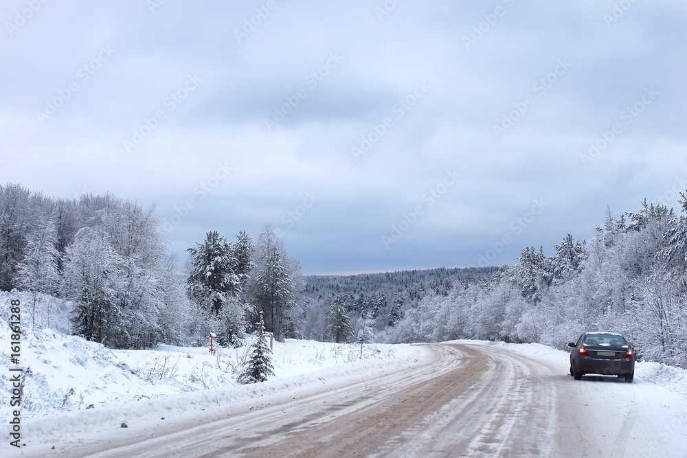 Obraz premium landscape Road in the winter forest with snow covered