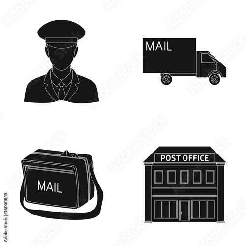 The postman in uniform, mail machine, bag for correspondence, postal office.Mail and postman set collection icons in black style vector symbol stock illustration web.