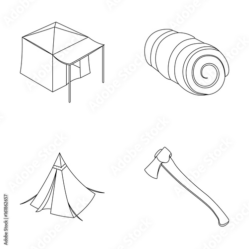 Tent with awning, ax and other accessories.Tent set collection icons in outline style vector symbol stock illustration web.