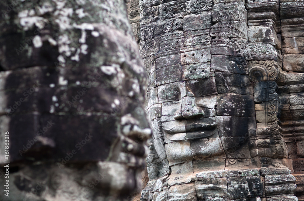 Ancient stone reliefs of Prasat Bayon temple in Angkor Thom, Cambodia