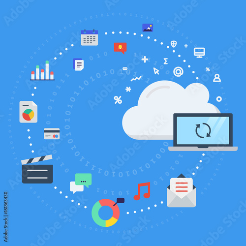 Vector illustration concept for cloud computing, data transfer, data storage and synchronization.
